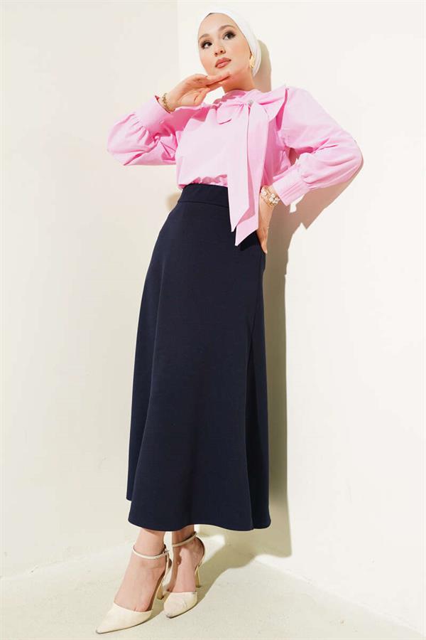 Elastic Waist Flared Basic Skirt Navy Blue