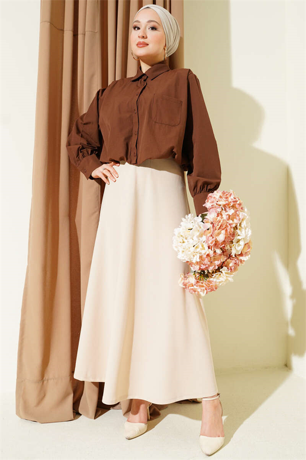 Elastic Waist Flared Double Skirt, Beige