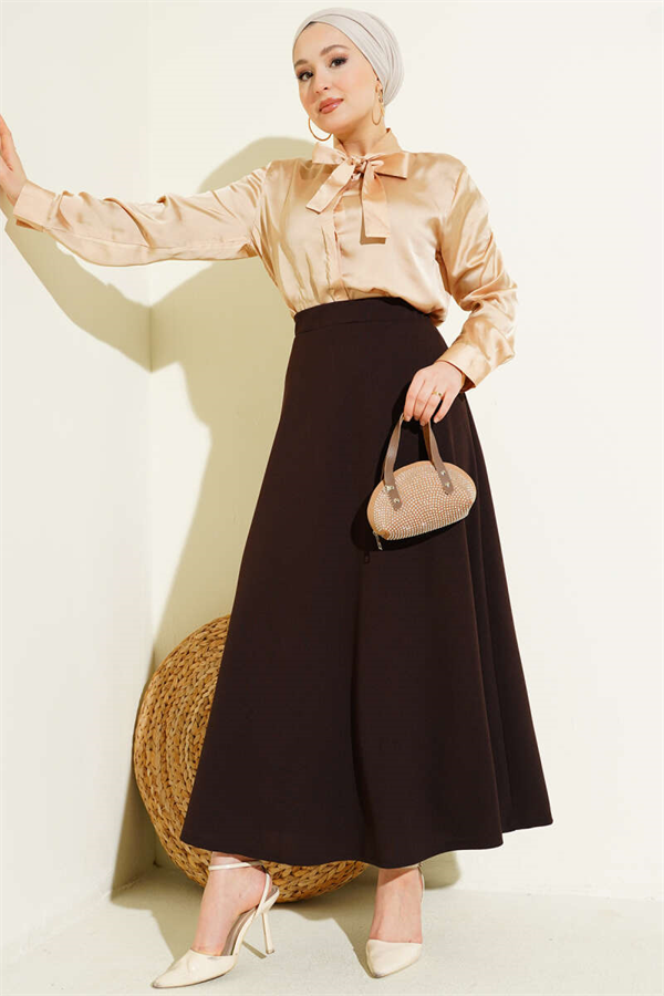 Elastic Waist Flared Double Skirt, Brown