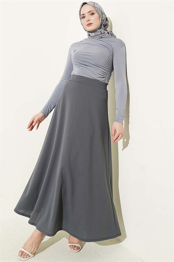 Elastic Waist Flared Double Skirt, Slate Grey