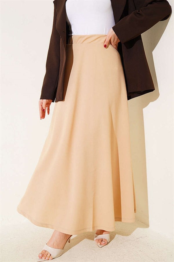 Elastic Waist Flared Double Skirt, Sand Beige