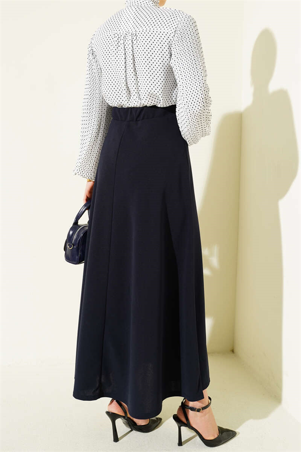 Navy Blue Flared Double Skirt with Elastic Waistband