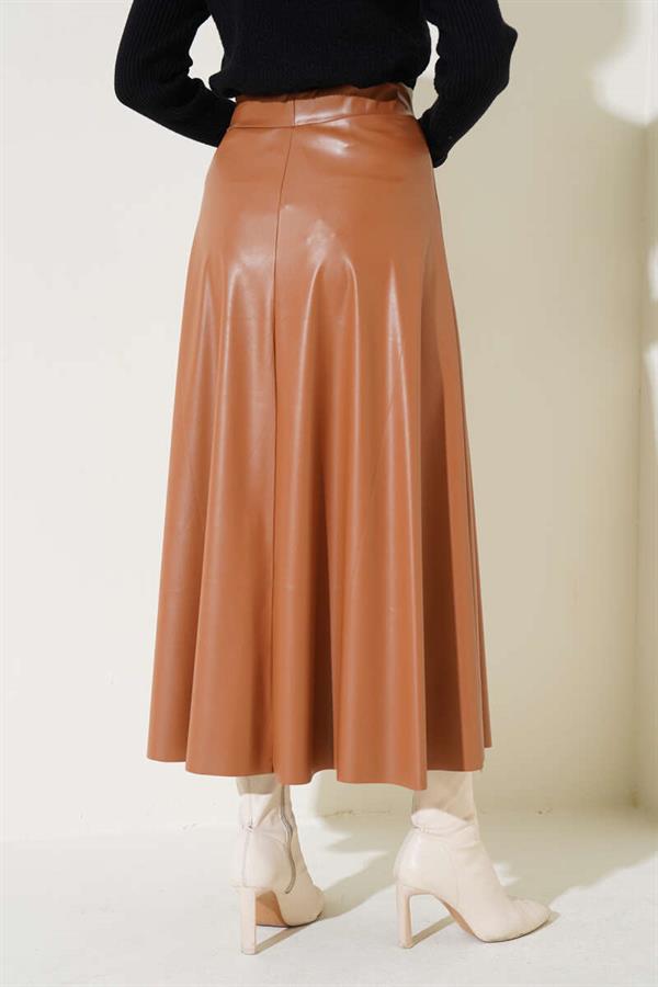Elastic Waist Flared Leather Skirt Latte