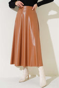 Elastic Waist Flared Leather Skirt Latte