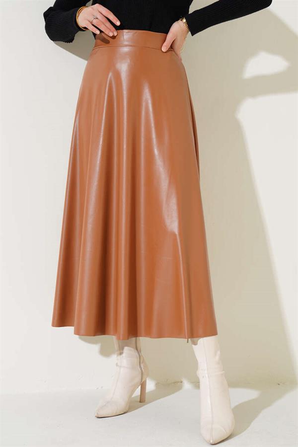 Elastic Waist Flared Leather Skirt Latte