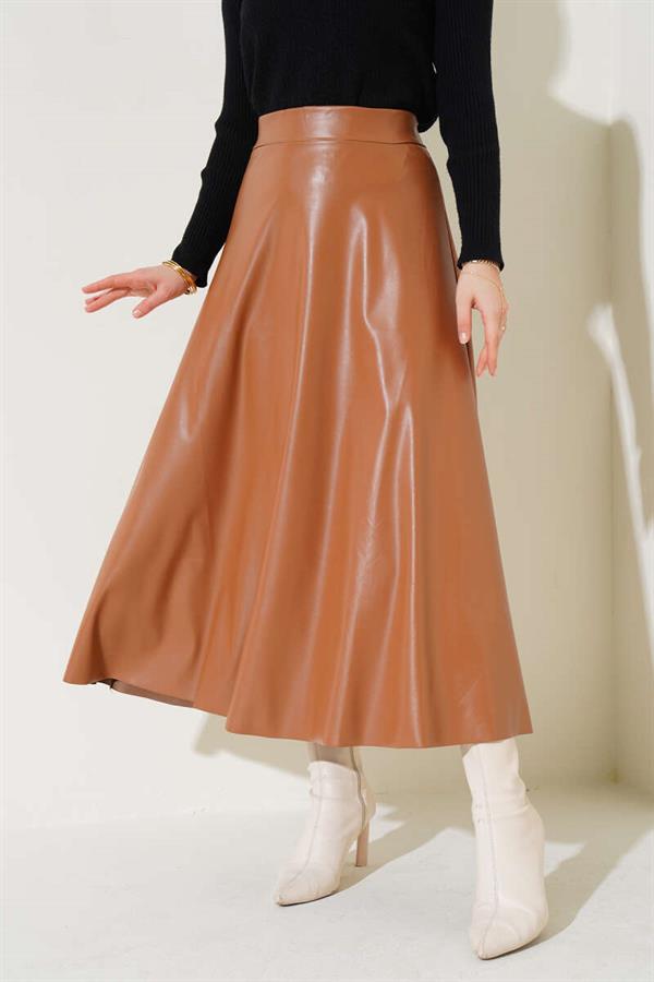 Elastic Waist Flared Leather Skirt Latte
