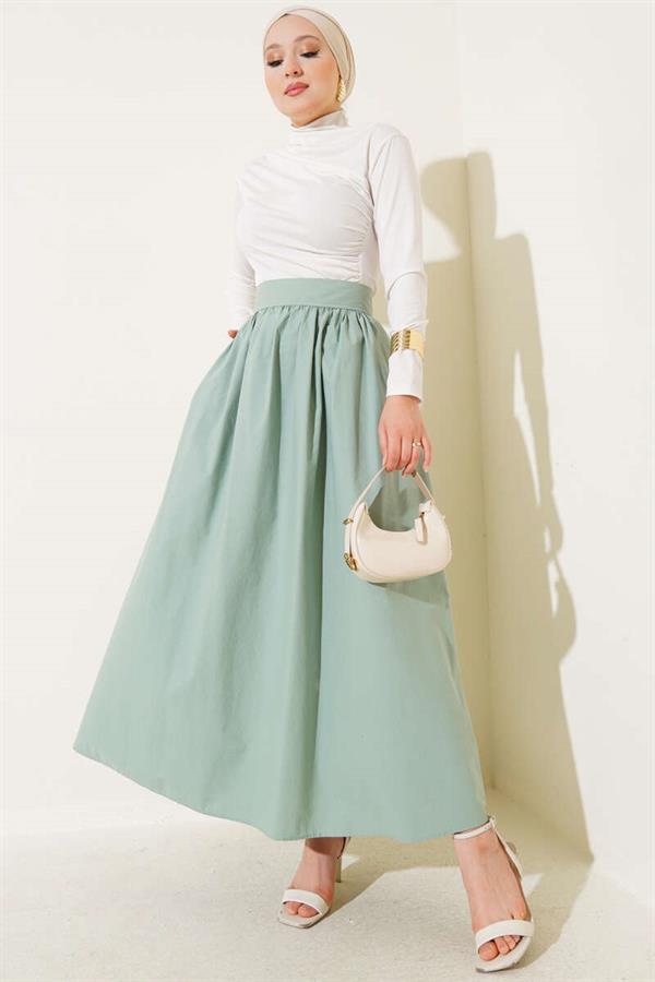 Elastic Waist Flared Skirt, Almond Green