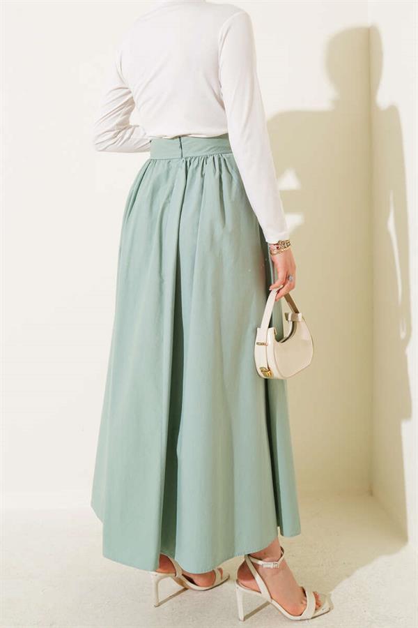 Elastic Waist Flared Skirt, Almond Green
