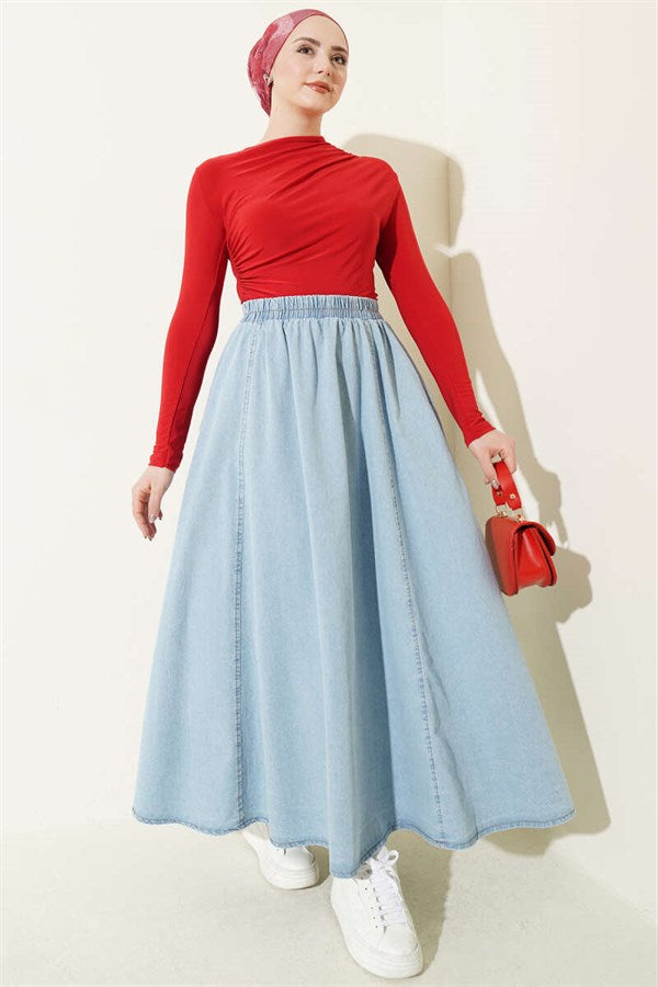 Elastic Waist Flared Denim Skirt, Light Blue