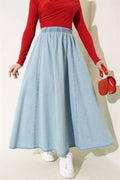 Elastic Waist Flared Denim Skirt, Light Blue
