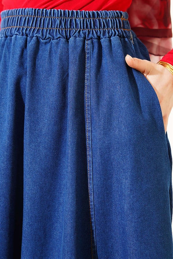 Dark Blue Flared Denim Skirt with Elastic Waistband