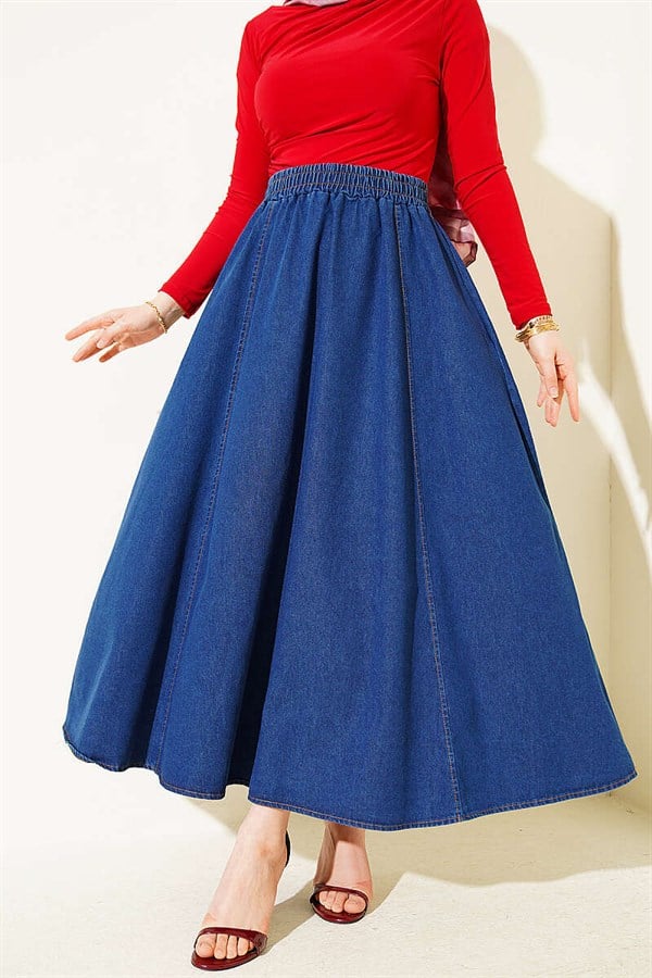 Dark Blue Flared Denim Skirt with Elastic Waistband