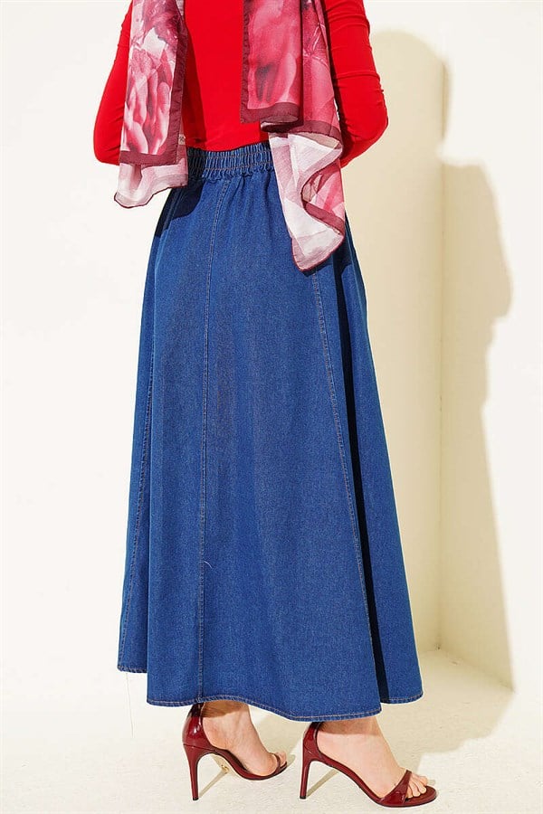 Dark Blue Flared Denim Skirt with Elastic Waistband