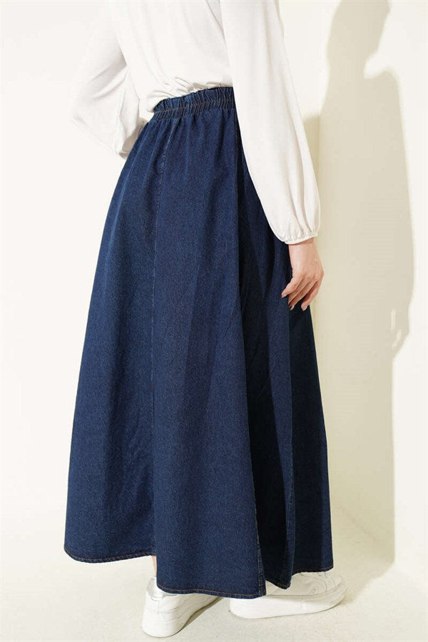 Navy Blue Flared Denim Skirt with Elastic Waistband