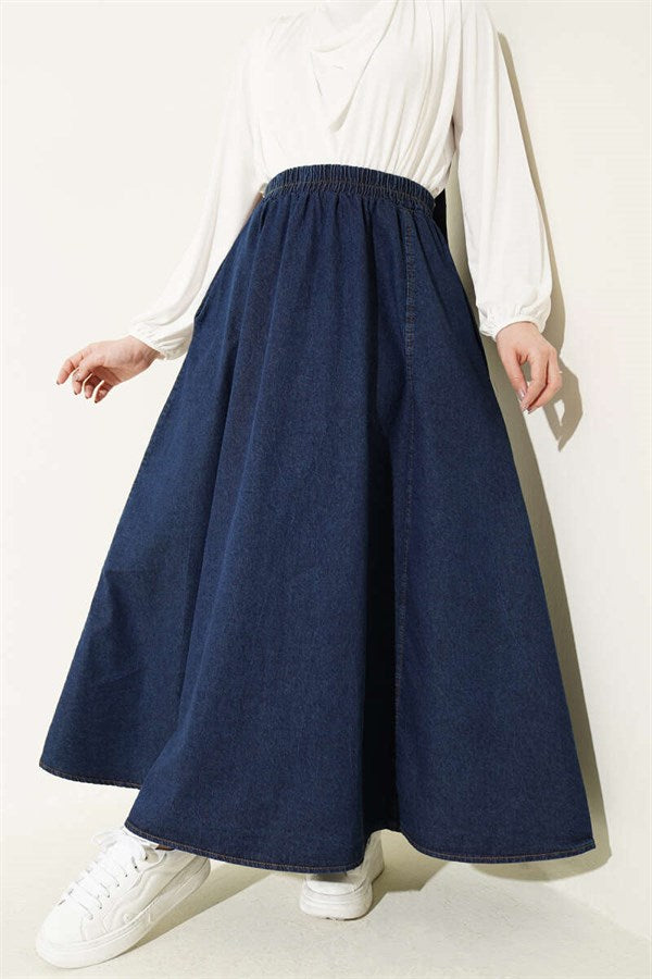 Navy Blue Flared Denim Skirt with Elastic Waistband