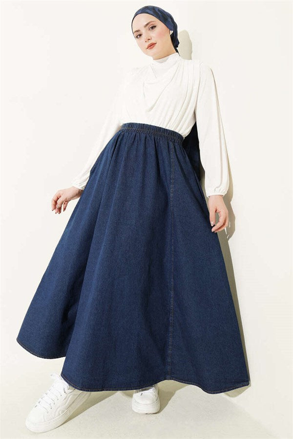 Navy Blue Flared Denim Skirt with Elastic Waistband