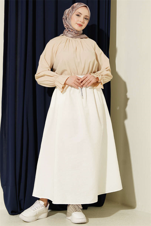 Elastic Waist Flared Parachute Skirt, Ecru