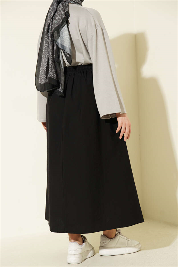Black Flared Parachute Skirt with Elastic Waist