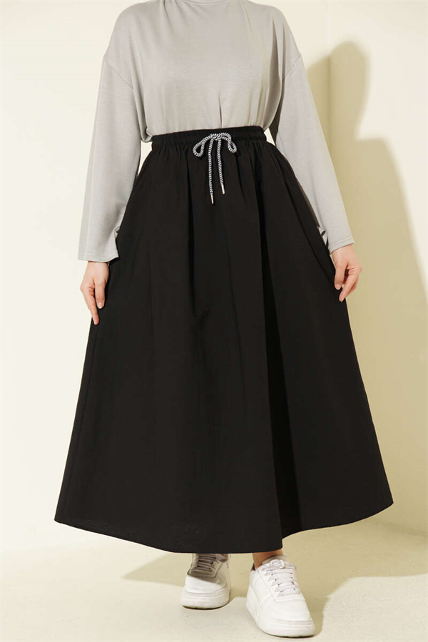 Black Flared Parachute Skirt with Elastic Waist