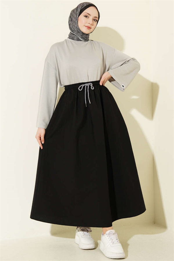 Black Flared Parachute Skirt with Elastic Waist