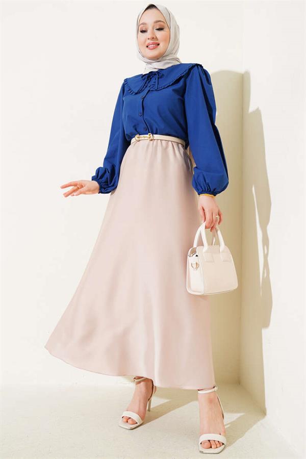Elastic Waist Flared Satin Skirt Beige