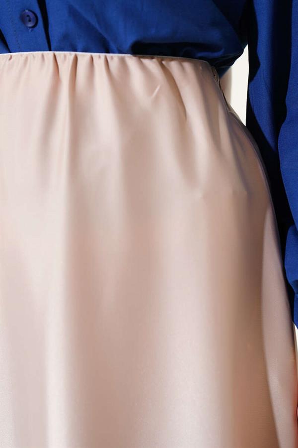 Elastic Waist Flared Satin Skirt Beige