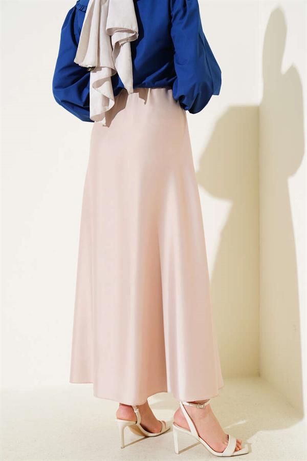 Elastic Waist Flared Satin Skirt Beige