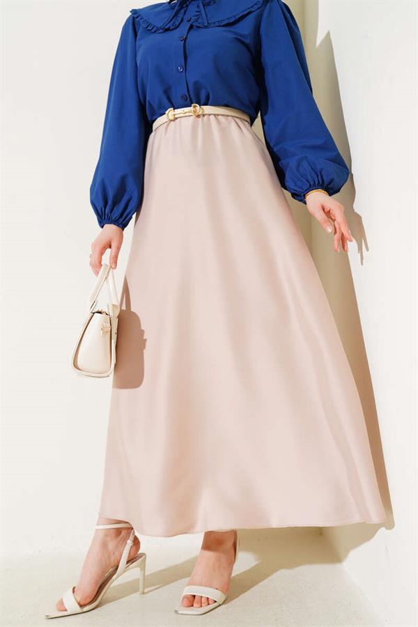 Elastic Waist Flared Satin Skirt Beige