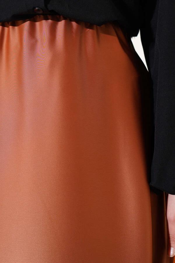 Elastic Waist Flared Satin Skirt Latte