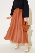 Elastic Waist Flared Satin Skirt Latte