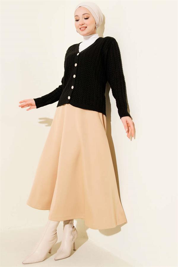 Elastic Waist Flared Scuba Skirt Camel