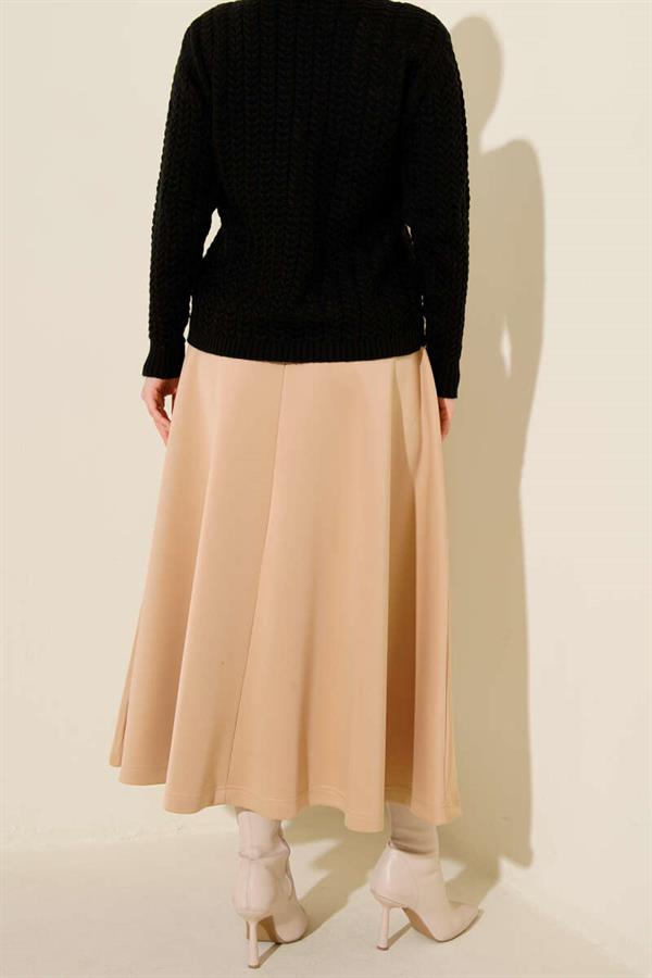 Elastic Waist Flared Scuba Skirt Camel