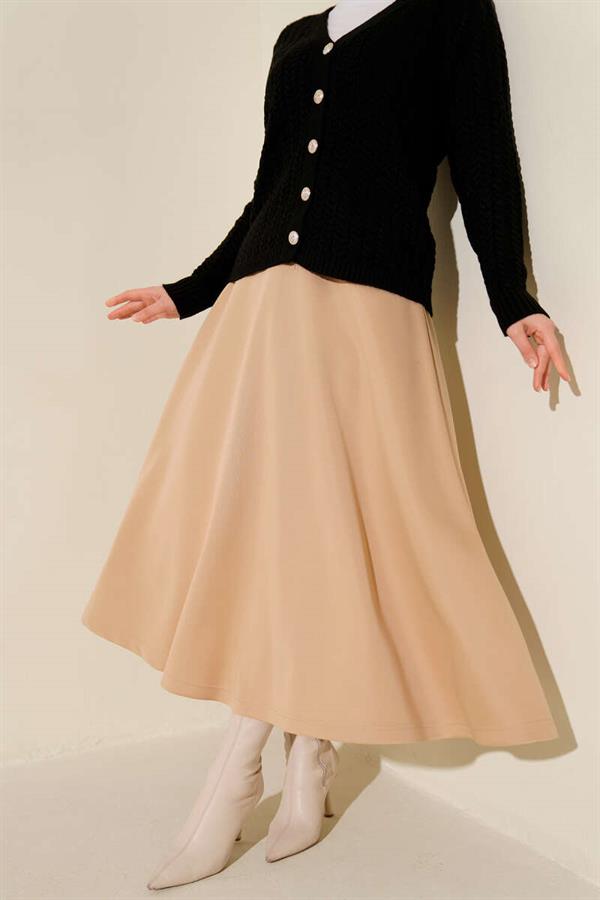 Elastic Waist Flared Scuba Skirt Camel