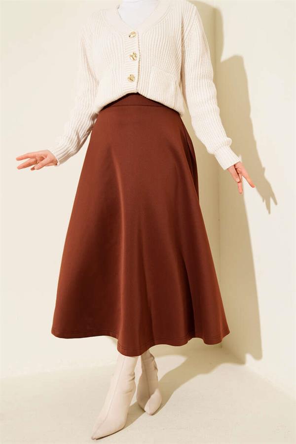 Elastic Waist Flared Scuba Skirt Brown