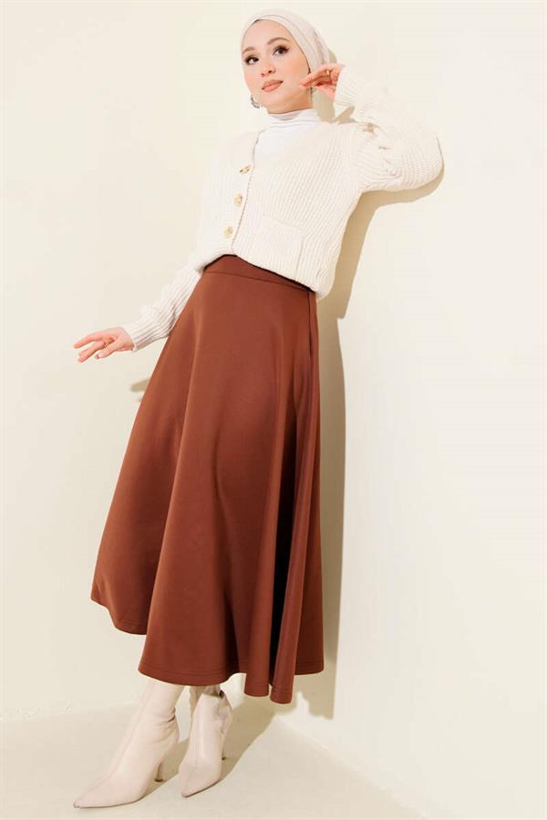 Elastic Waist Flared Scuba Skirt Brown