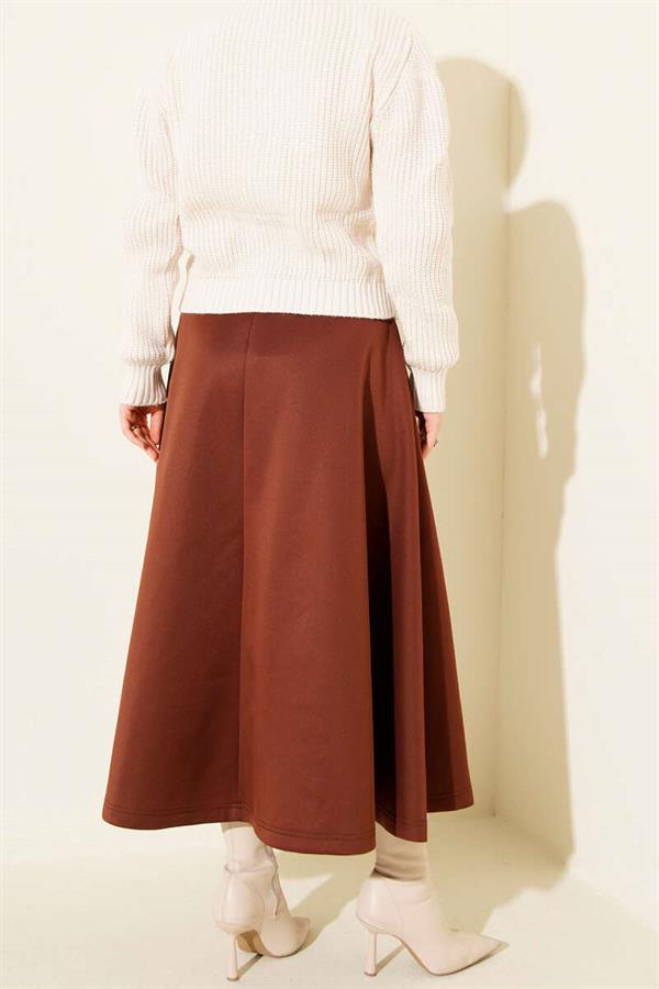 Elastic Waist Flared Scuba Skirt Brown