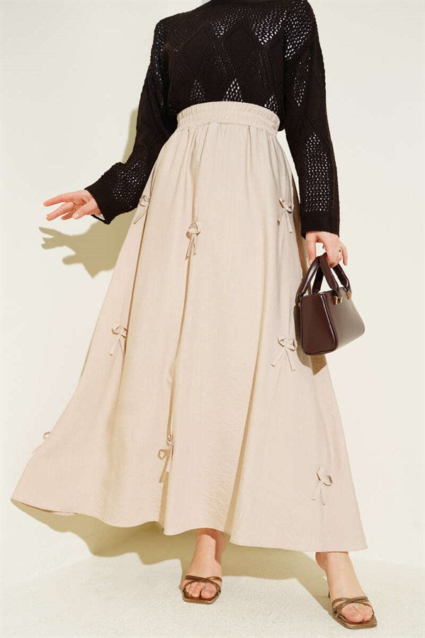 Elasticated Waist Skirt with Ribbon Detail, Beige