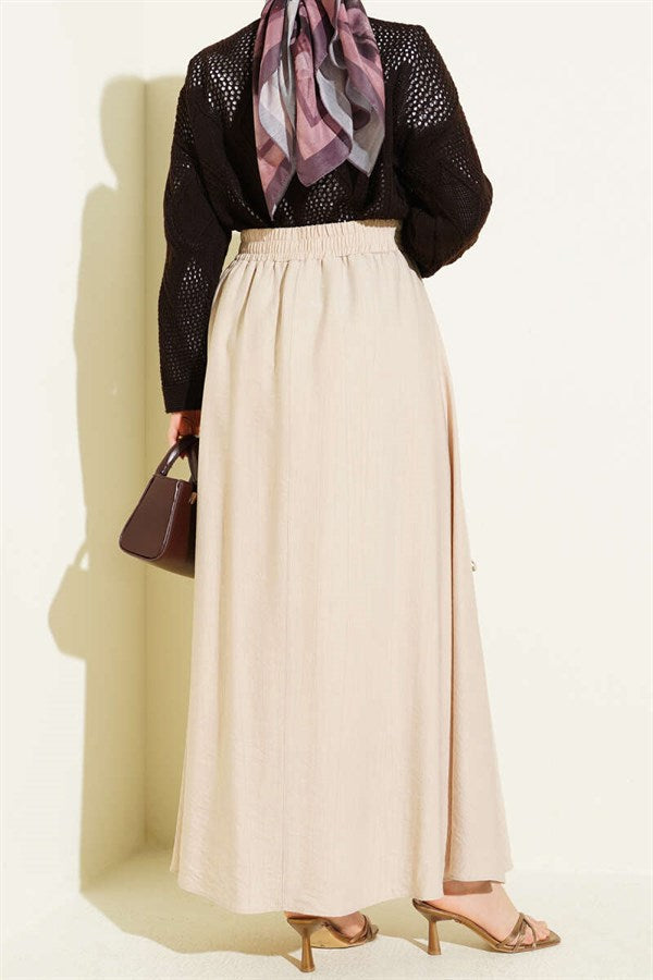 Elasticated Waist Skirt with Ribbon Detail, Beige