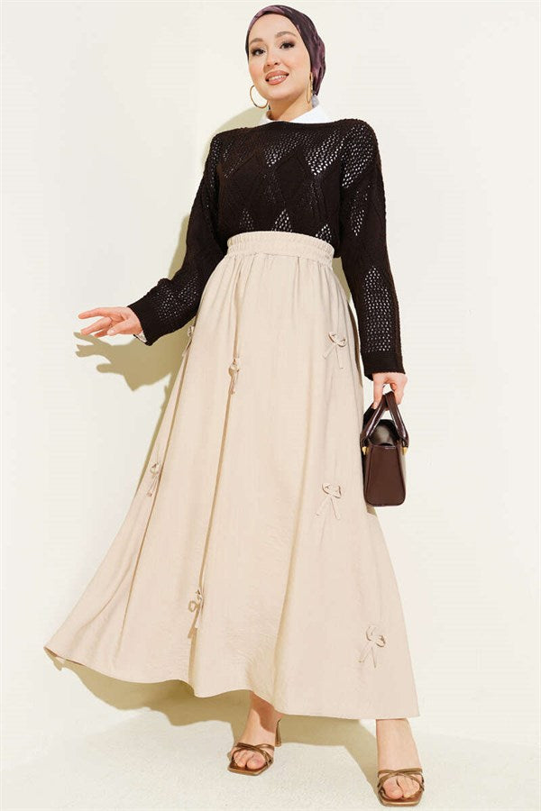Elasticated Waist Skirt with Ribbon Detail, Beige
