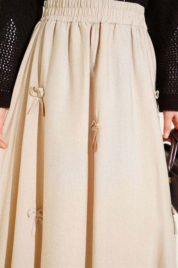 Elasticated Waist Skirt with Ribbon Detail, Beige