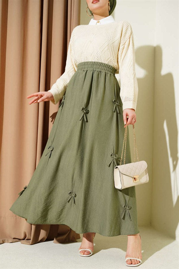 Khaki Skirt with Elastic Waistband and Ribbon Detail