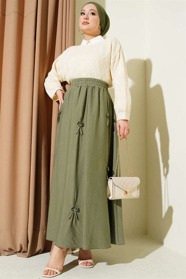Khaki Skirt with Elastic Waistband and Ribbon Detail