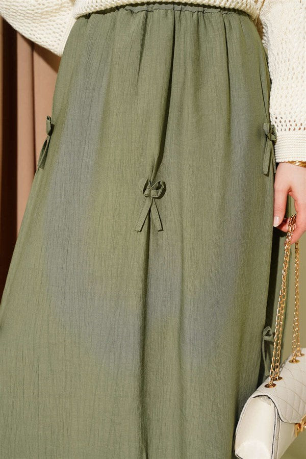 Khaki Skirt with Elastic Waistband and Ribbon Detail