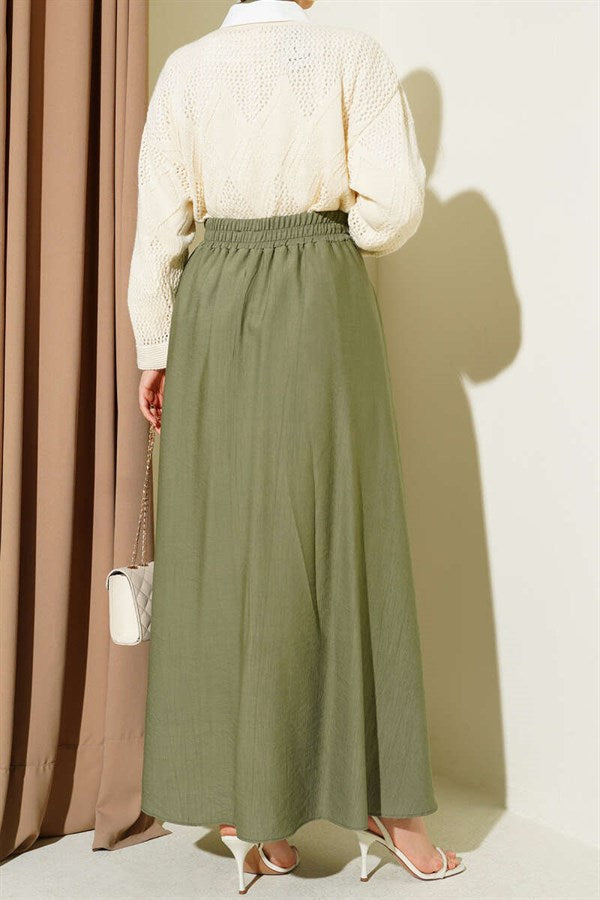 Khaki Skirt with Elastic Waistband and Ribbon Detail