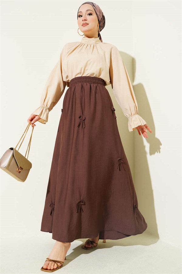 Elastic Waist Skirt with Ribbon Detail, Brown