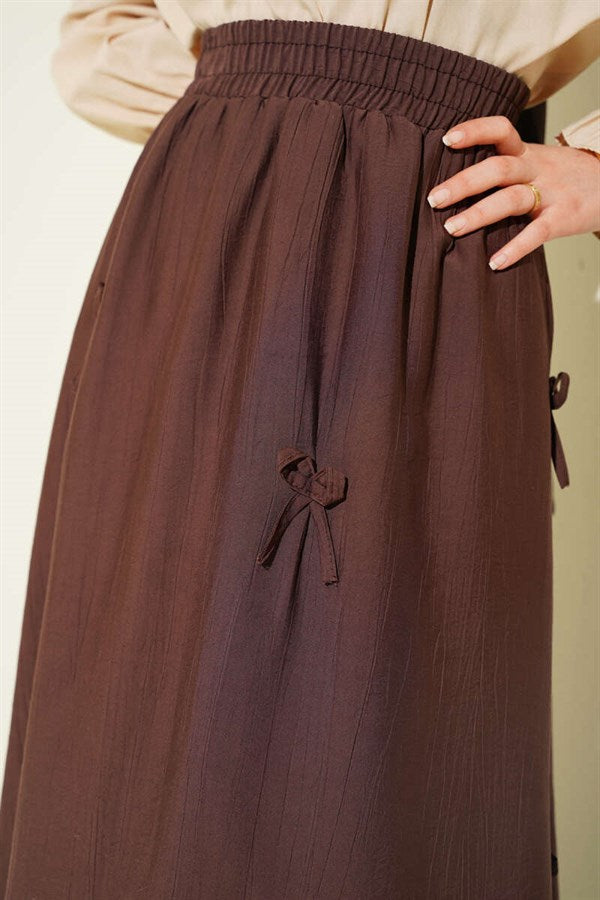 Elastic Waist Skirt with Ribbon Detail, Brown