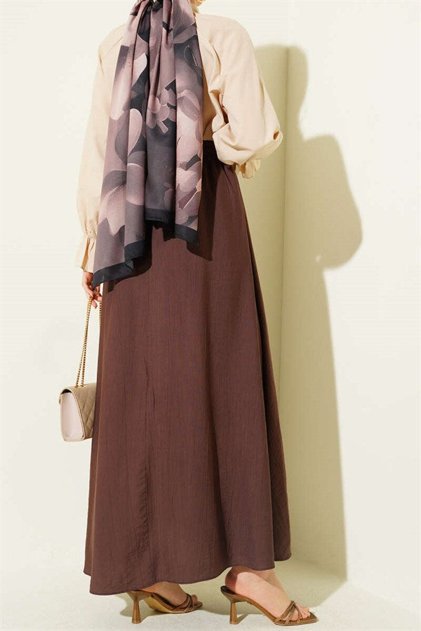 Elastic Waist Skirt with Ribbon Detail, Brown