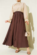 Elastic Waist Skirt with Ribbon Detail, Brown