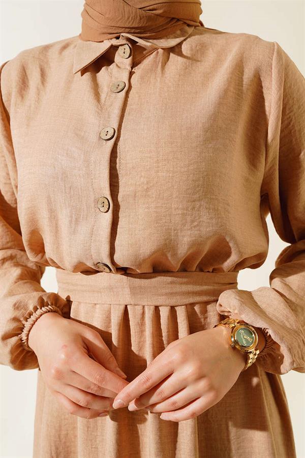 Elastic Waist Belted Linen Dress Latte