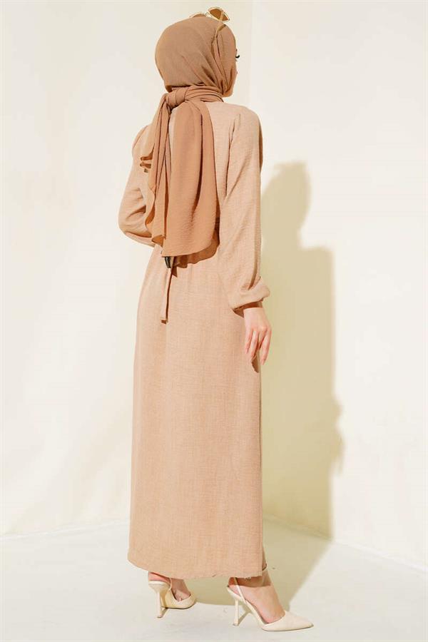 Elastic Waist Belted Linen Dress Latte